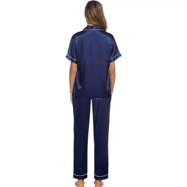 SWOMOG Womens Silk Satin Pajamas Loungewear Twopiece Sleepwear ButtonDown Pj SetNavy Blue16