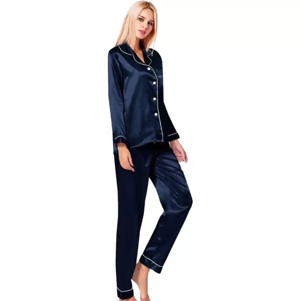 SWOMOG Womens Silk Satin Pajamas Loungewear Twopiece Sleepwear ButtonDown Pj SetNavy Bw