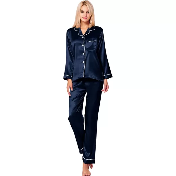 SWOMOG Womens Silk Satin Pajamas Loungewear Twopiece Sleepwear ButtonDown Pj SetNavy Bw