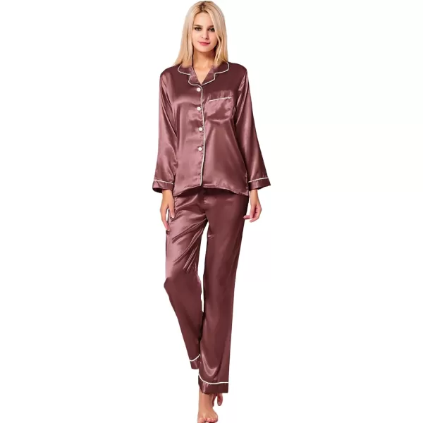 SWOMOG Womens Silk Satin Pajamas Loungewear Twopiece Sleepwear ButtonDown Pj SetNostalgia Rose