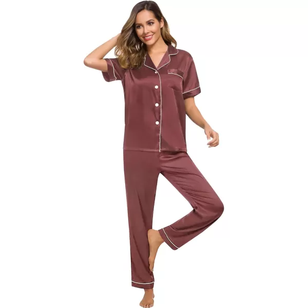 SWOMOG Womens Silk Satin Pajamas Loungewear Twopiece Sleepwear ButtonDown Pj SetNostalgia Rose16