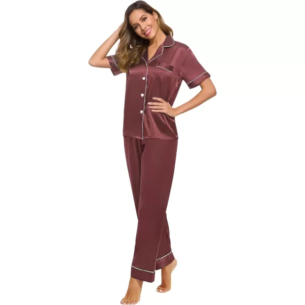 SWOMOG Womens Silk Satin Pajamas Loungewear Twopiece Sleepwear ButtonDown Pj SetNostalgia Rose16