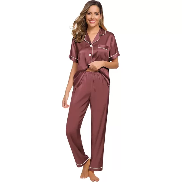 SWOMOG Womens Silk Satin Pajamas Loungewear Twopiece Sleepwear ButtonDown Pj SetNostalgia Rose16