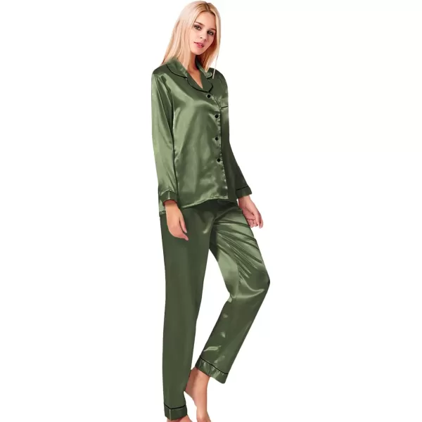 SWOMOG Womens Silk Satin Pajamas Loungewear Twopiece Sleepwear ButtonDown Pj SetOlive Green