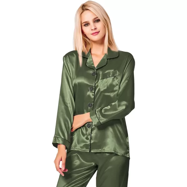 SWOMOG Womens Silk Satin Pajamas Loungewear Twopiece Sleepwear ButtonDown Pj SetOlive Green