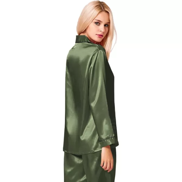 SWOMOG Womens Silk Satin Pajamas Loungewear Twopiece Sleepwear ButtonDown Pj SetOlive Green