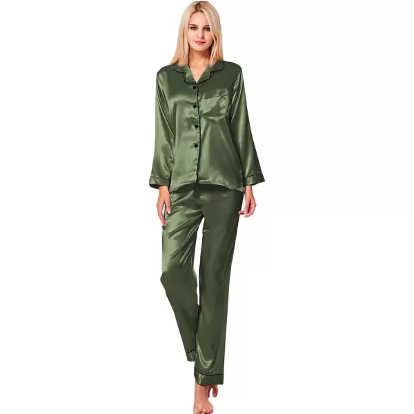 SWOMOG Womens Silk Satin Pajamas Loungewear Twopiece Sleepwear ButtonDown Pj SetOlive Green