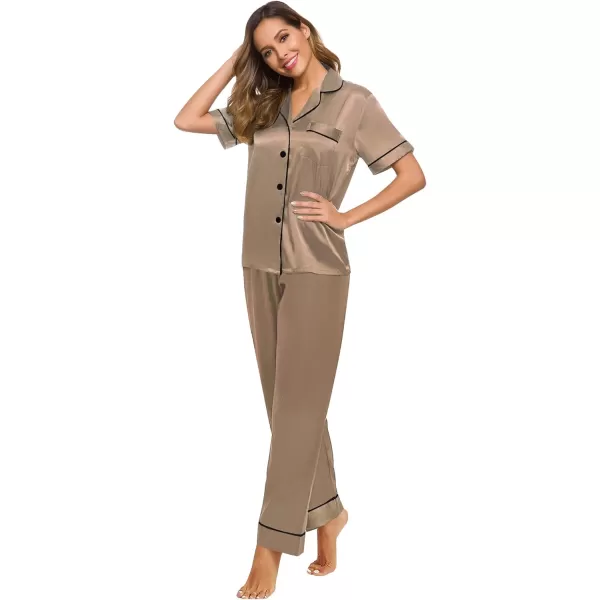 SWOMOG Womens Silk Satin Pajamas Loungewear Twopiece Sleepwear ButtonDown Pj SetOpaue Couche16