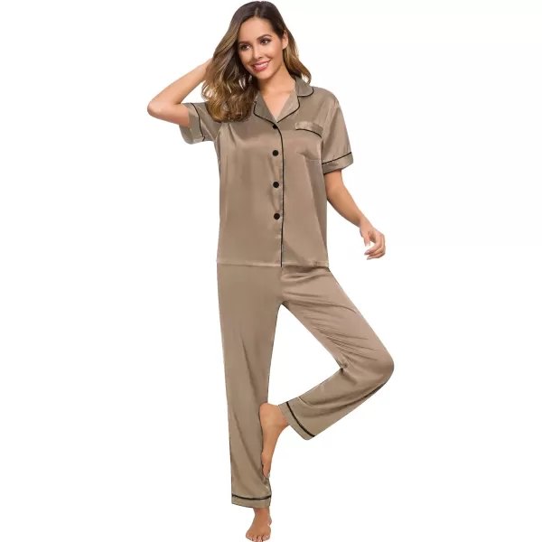 SWOMOG Womens Silk Satin Pajamas Loungewear Twopiece Sleepwear ButtonDown Pj SetOpaue Couche16