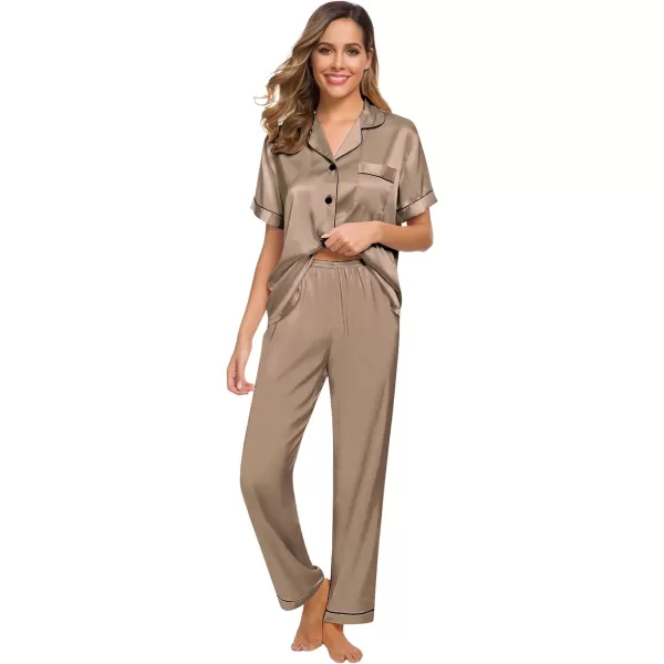 SWOMOG Womens Silk Satin Pajamas Loungewear Twopiece Sleepwear ButtonDown Pj SetOpaue Couche16