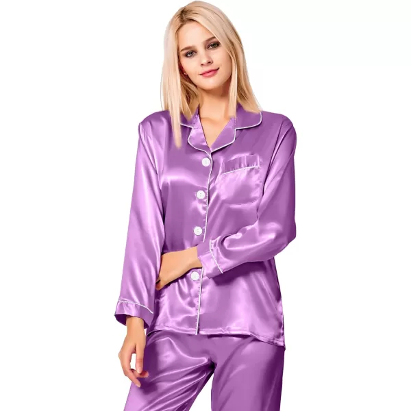 SWOMOG Womens Silk Satin Pajamas Loungewear Twopiece Sleepwear ButtonDown Pj SetOrchid