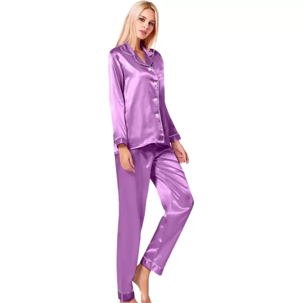 SWOMOG Womens Silk Satin Pajamas Loungewear Twopiece Sleepwear ButtonDown Pj SetOrchid