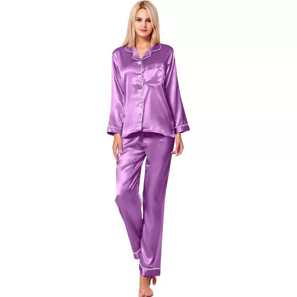 SWOMOG Womens Silk Satin Pajamas Loungewear Twopiece Sleepwear ButtonDown Pj SetOrchid