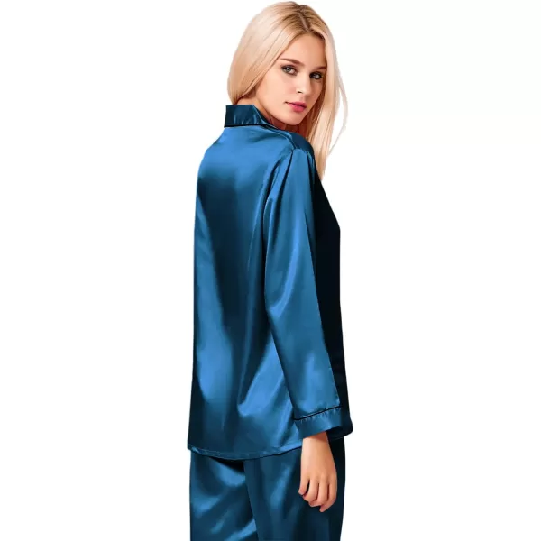 SWOMOG Womens Silk Satin Pajamas Loungewear Twopiece Sleepwear ButtonDown Pj SetPeacock Blue