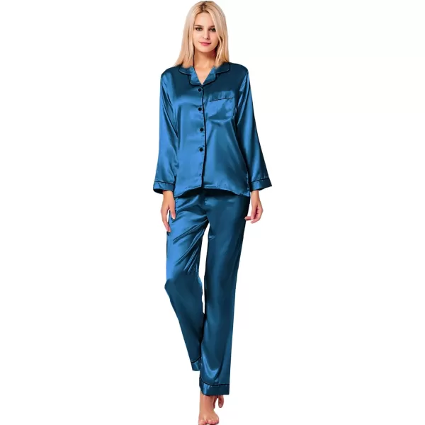 SWOMOG Womens Silk Satin Pajamas Loungewear Twopiece Sleepwear ButtonDown Pj SetPeacock Blue