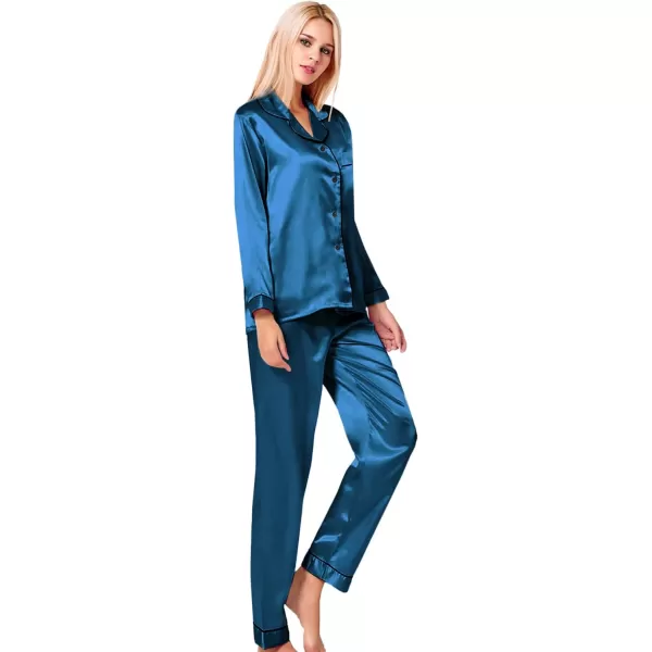 SWOMOG Womens Silk Satin Pajamas Loungewear Twopiece Sleepwear ButtonDown Pj SetPeacock Blue