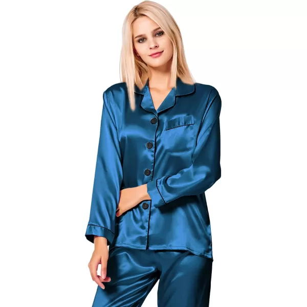 SWOMOG Womens Silk Satin Pajamas Loungewear Twopiece Sleepwear ButtonDown Pj SetPeacock Blue