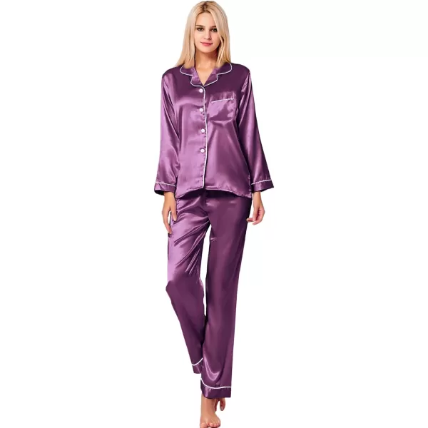 SWOMOG Womens Silk Satin Pajamas Loungewear Twopiece Sleepwear ButtonDown Pj SetPearly Purple