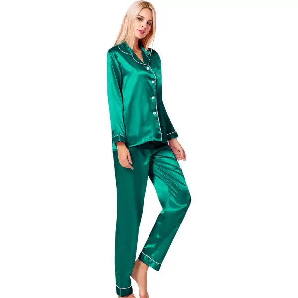 SWOMOG Womens Silk Satin Pajamas Loungewear Twopiece Sleepwear ButtonDown Pj SetPersian Green