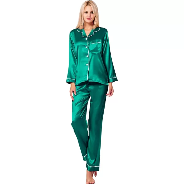 SWOMOG Womens Silk Satin Pajamas Loungewear Twopiece Sleepwear ButtonDown Pj SetPersian Green