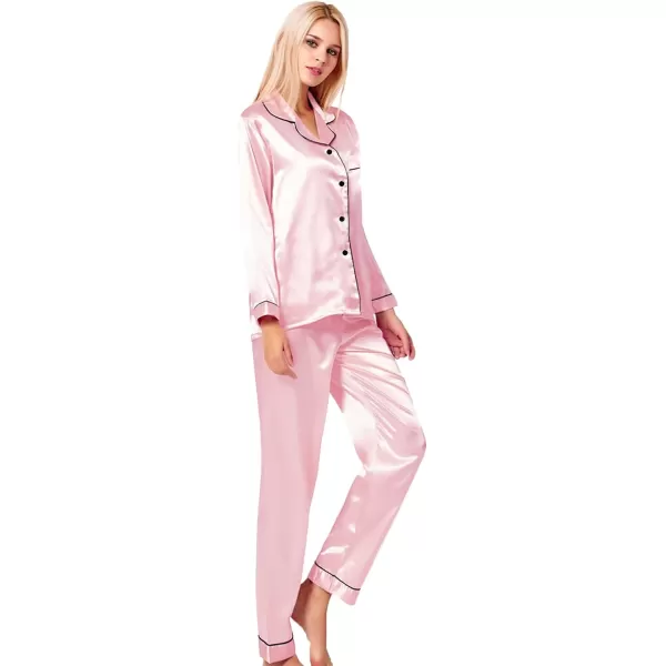 SWOMOG Womens Silk Satin Pajamas Loungewear Twopiece Sleepwear ButtonDown Pj SetPink