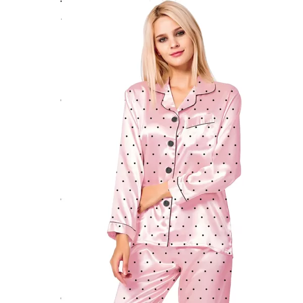 SWOMOG Womens Silk Satin Pajamas Loungewear Twopiece Sleepwear ButtonDown Pj SetPink Dots