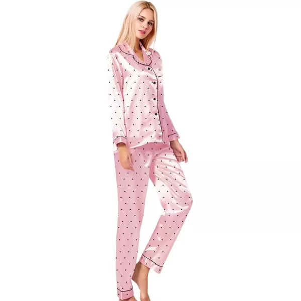 SWOMOG Womens Silk Satin Pajamas Loungewear Twopiece Sleepwear ButtonDown Pj SetPink Dots