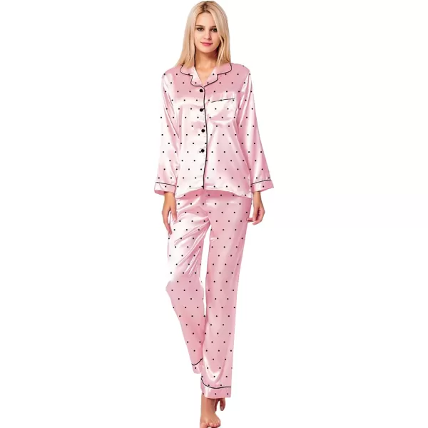 SWOMOG Womens Silk Satin Pajamas Loungewear Twopiece Sleepwear ButtonDown Pj SetPink Dots