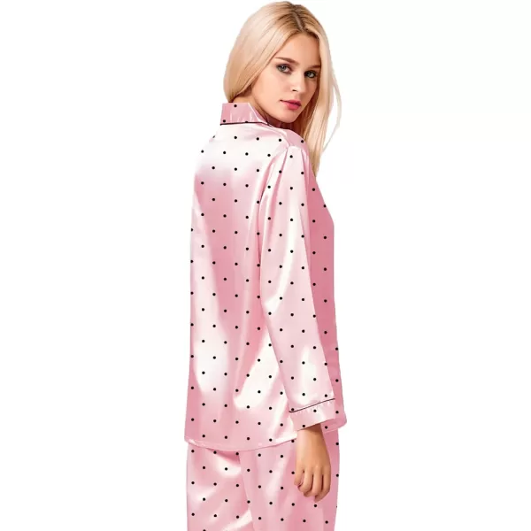 SWOMOG Womens Silk Satin Pajamas Loungewear Twopiece Sleepwear ButtonDown Pj SetPink Dots