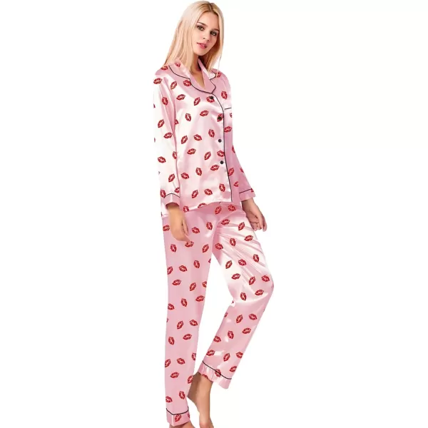 SWOMOG Womens Silk Satin Pajamas Loungewear Twopiece Sleepwear ButtonDown Pj SetPink Kiss