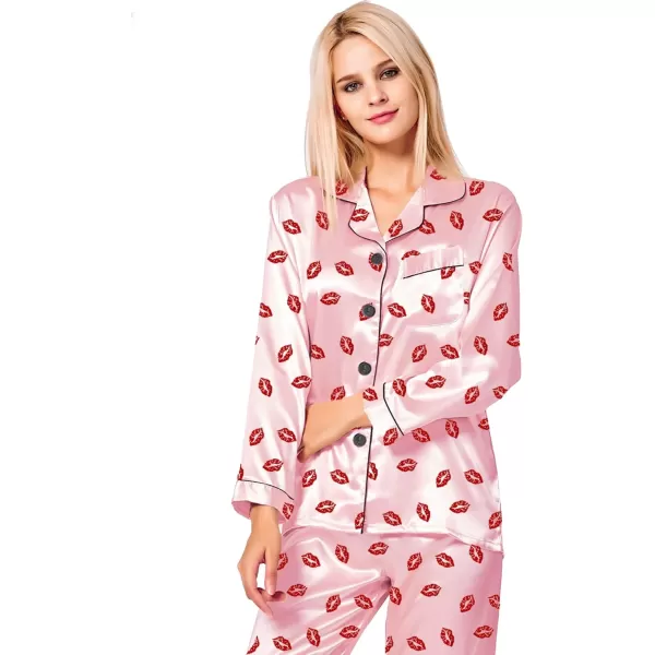 SWOMOG Womens Silk Satin Pajamas Loungewear Twopiece Sleepwear ButtonDown Pj SetPink Kiss