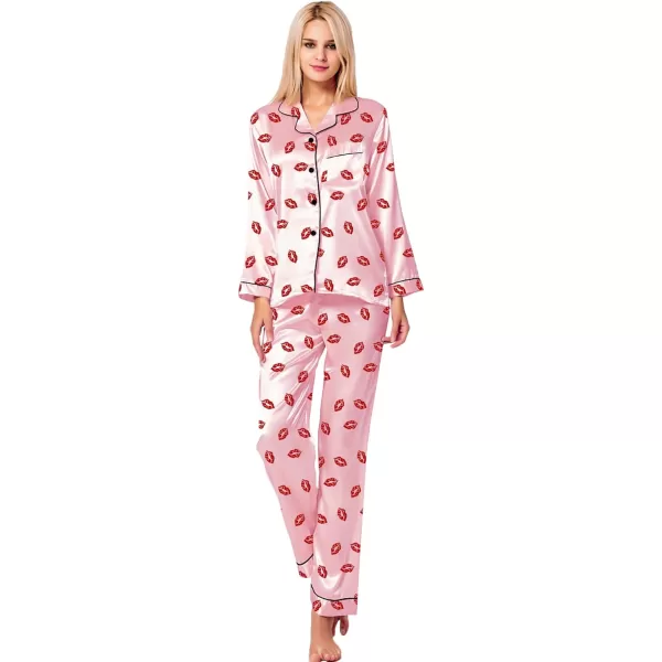 SWOMOG Womens Silk Satin Pajamas Loungewear Twopiece Sleepwear ButtonDown Pj SetPink Kiss