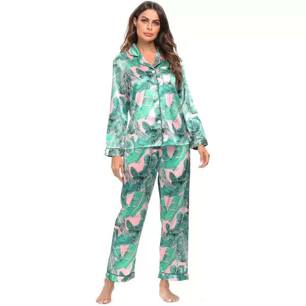 SWOMOG Womens Silk Satin Pajamas Loungewear Twopiece Sleepwear ButtonDown Pj SetPink Leaves