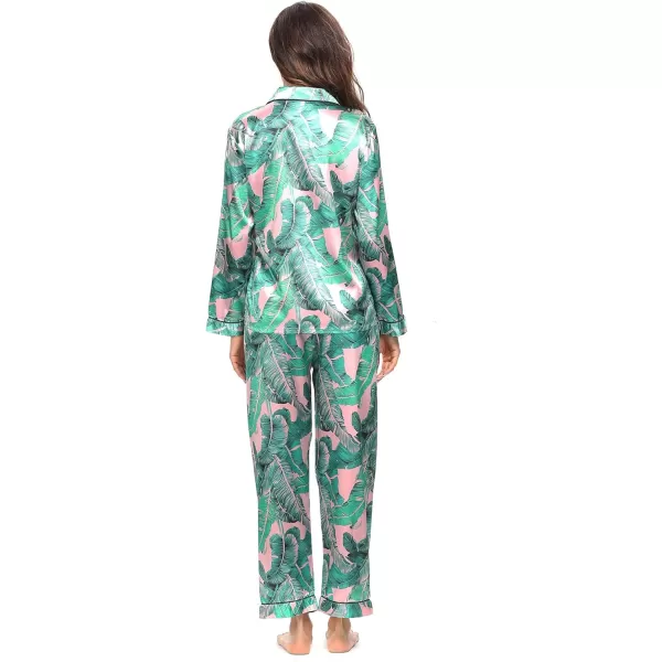 SWOMOG Womens Silk Satin Pajamas Loungewear Twopiece Sleepwear ButtonDown Pj SetPink Leaves