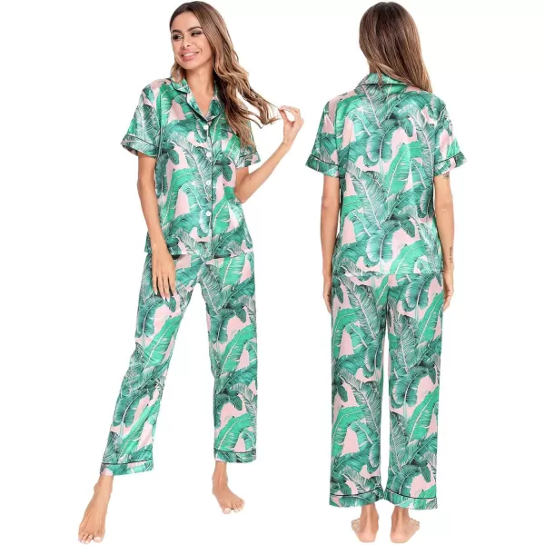 SWOMOG Womens Silk Satin Pajamas Loungewear Twopiece Sleepwear ButtonDown Pj SetPink Leaves16