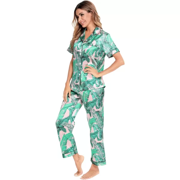 SWOMOG Womens Silk Satin Pajamas Loungewear Twopiece Sleepwear ButtonDown Pj SetPink Leaves16