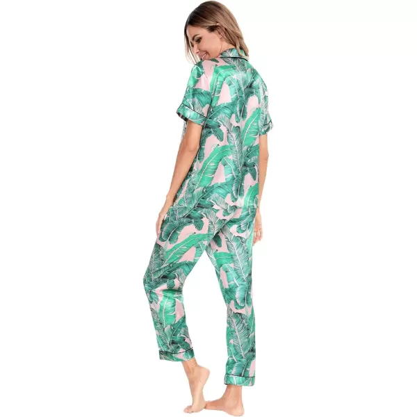 SWOMOG Womens Silk Satin Pajamas Loungewear Twopiece Sleepwear ButtonDown Pj SetPink Leaves16