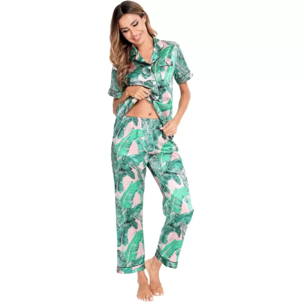 SWOMOG Womens Silk Satin Pajamas Loungewear Twopiece Sleepwear ButtonDown Pj SetPink Leaves16