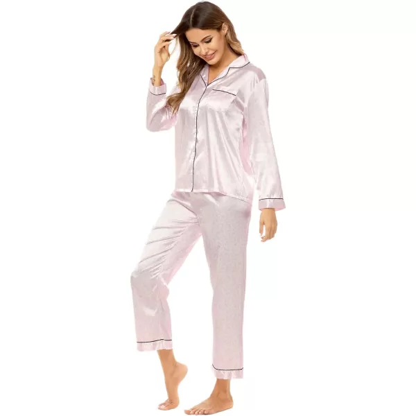 SWOMOG Womens Silk Satin Pajamas Loungewear Twopiece Sleepwear ButtonDown Pj SetPink Leopard