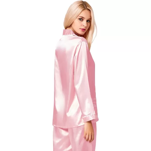 SWOMOG Womens Silk Satin Pajamas Loungewear Twopiece Sleepwear ButtonDown Pj SetPink One