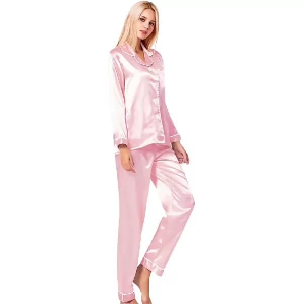 SWOMOG Womens Silk Satin Pajamas Loungewear Twopiece Sleepwear ButtonDown Pj SetPink One