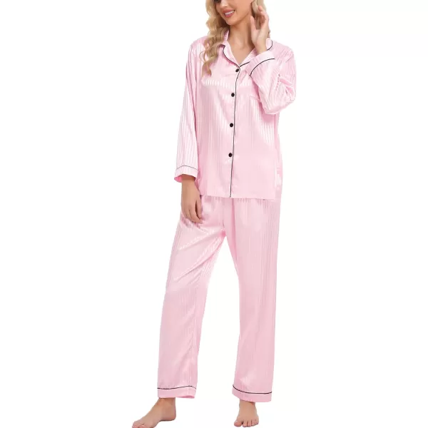 SWOMOG Womens Silk Satin Pajamas Loungewear Twopiece Sleepwear ButtonDown Pj SetPink Pinstripes