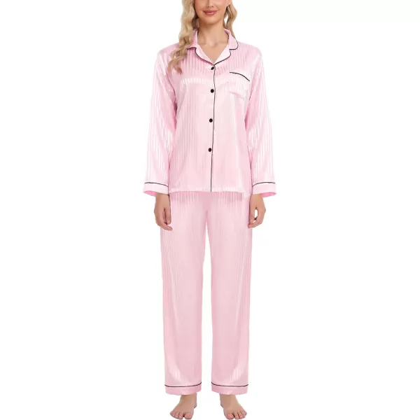 SWOMOG Womens Silk Satin Pajamas Loungewear Twopiece Sleepwear ButtonDown Pj SetPink Pinstripes