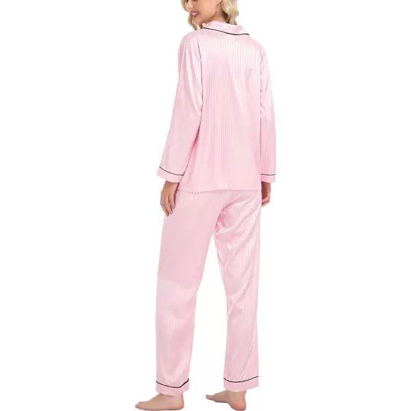 SWOMOG Womens Silk Satin Pajamas Loungewear Twopiece Sleepwear ButtonDown Pj SetPink Pinstripes