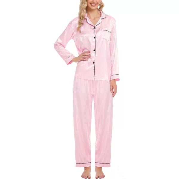 SWOMOG Womens Silk Satin Pajamas Loungewear Twopiece Sleepwear ButtonDown Pj SetPink Pinstripes