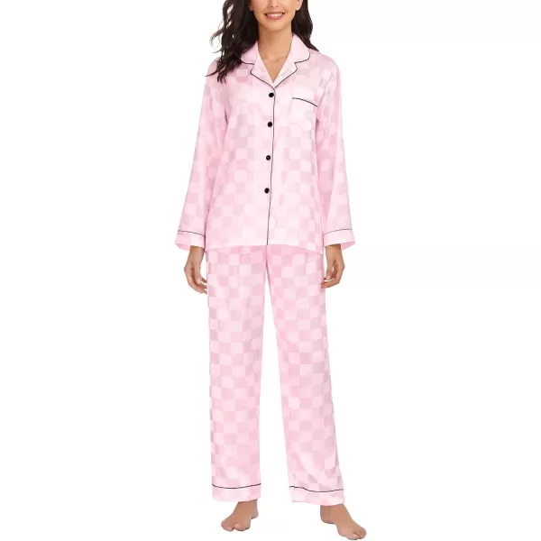 SWOMOG Womens Silk Satin Pajamas Loungewear Twopiece Sleepwear ButtonDown Pj SetPink Plaid