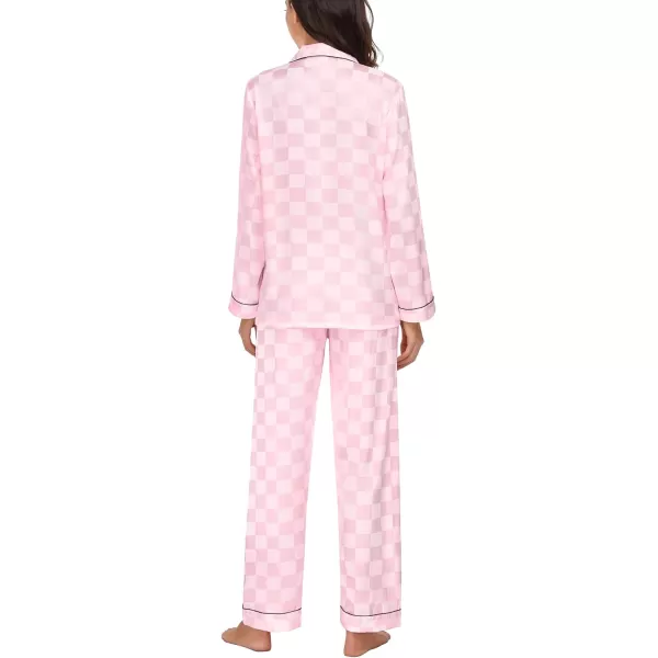 SWOMOG Womens Silk Satin Pajamas Loungewear Twopiece Sleepwear ButtonDown Pj SetPink Plaid