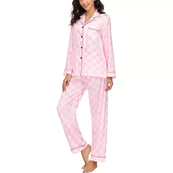 SWOMOG Womens Silk Satin Pajamas Loungewear Twopiece Sleepwear ButtonDown Pj SetPink Plaid