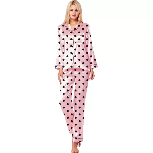 SWOMOG Womens Silk Satin Pajamas Loungewear Twopiece Sleepwear ButtonDown Pj SetPink Spot