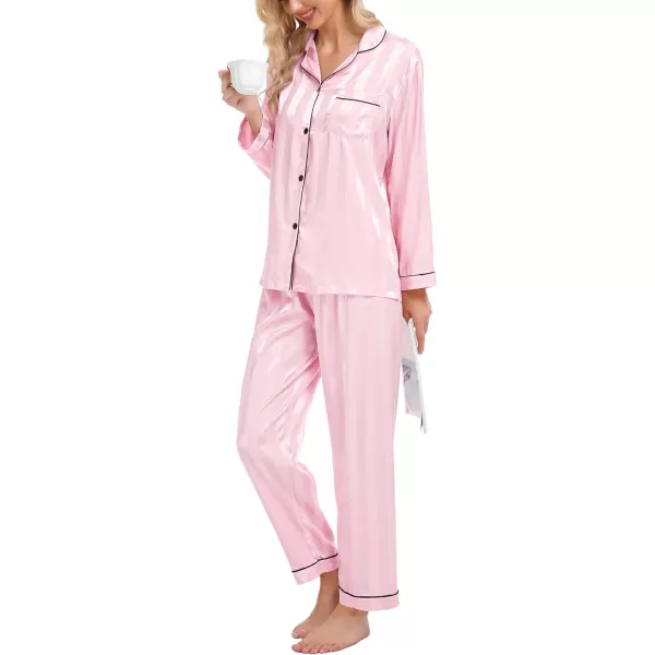 SWOMOG Womens Silk Satin Pajamas Loungewear Twopiece Sleepwear ButtonDown Pj SetPink Wide Stripes